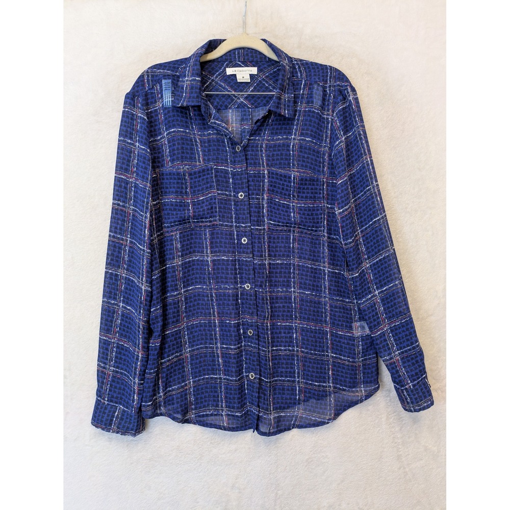 Liz Claiborne‎ Womens Medium Blue Plaid Houndstooth Button Down Blouse